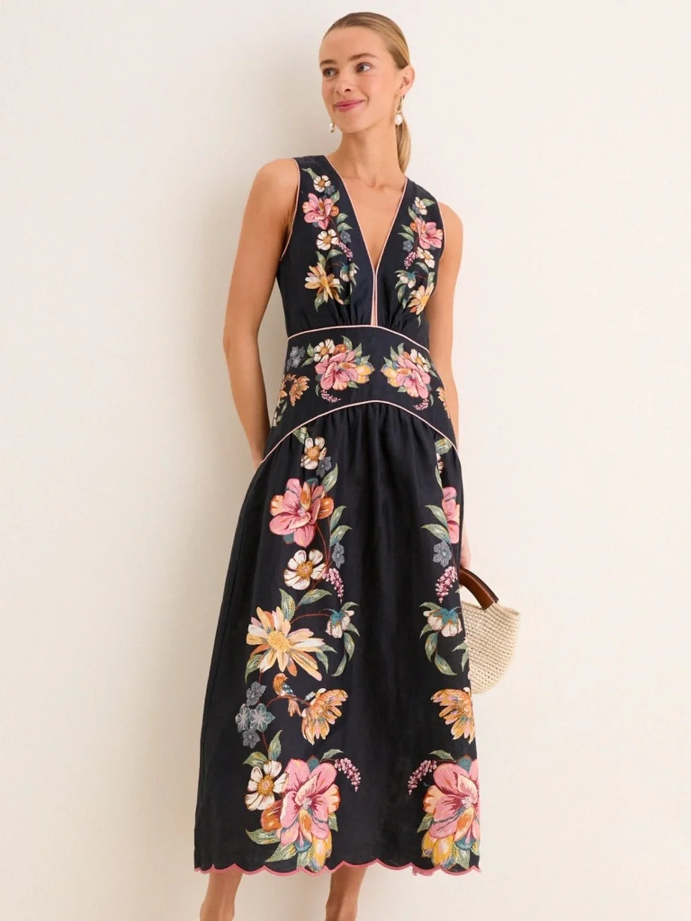 FARM Rio Maira Floral Dark Blue Linen Midi Dress Size Medium NWT - Picture 3 of 16
